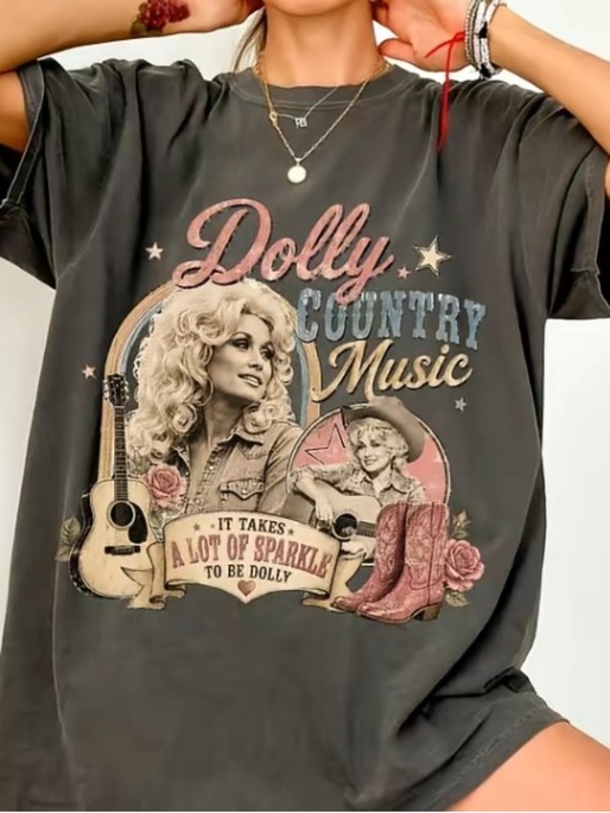 Gildan Tops - Dolly Parton Country Music Graphic Tee - Charcoal